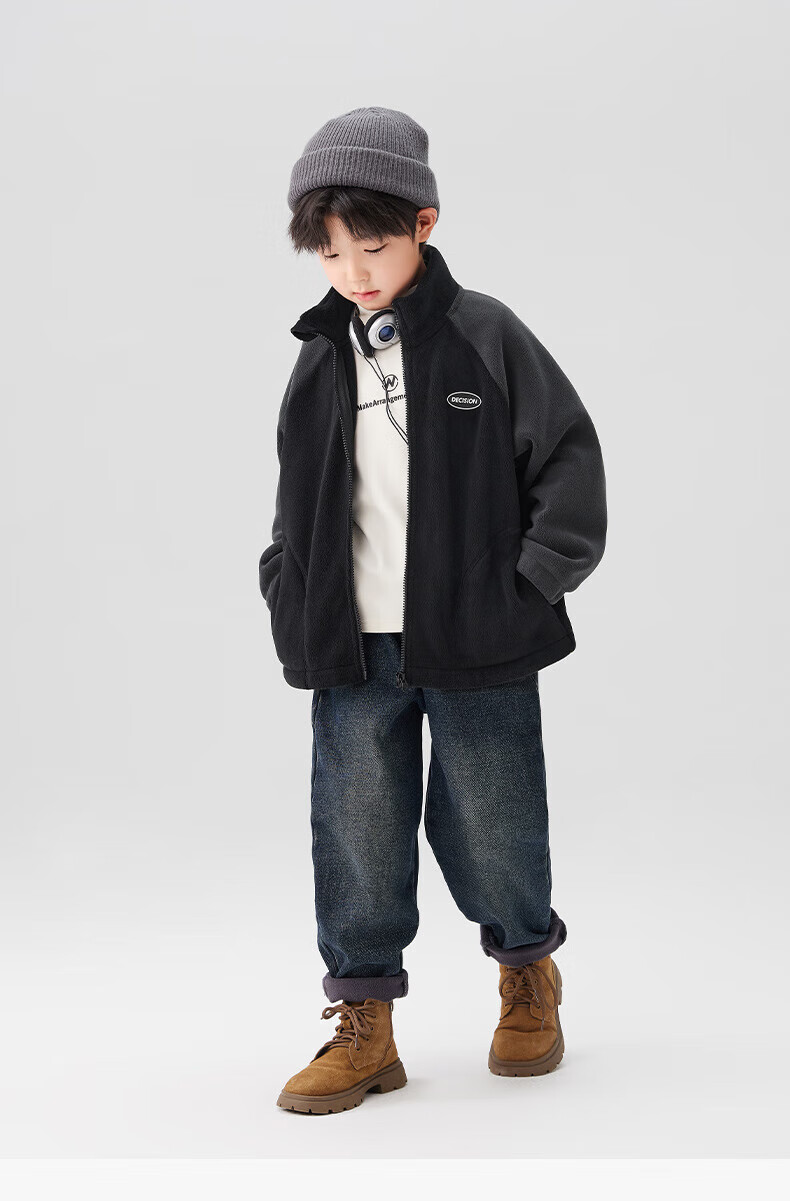 Zuo Xi Boys' Kids' Jacket Autumn 2025 New Double-Sided Fleece Warm Winter Coat Black 130 16